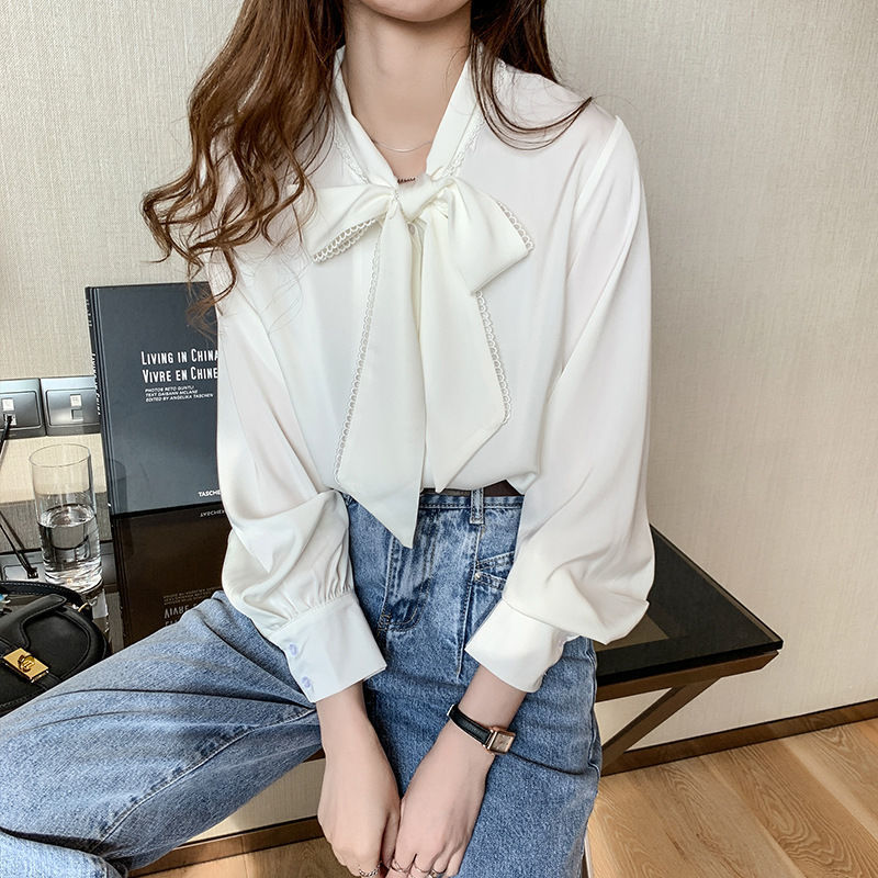 Picture of Shirt Women's Spring Imitation Satin Chiffon Shirt Women's Bow Loose Long-Sleeved Style Shirt