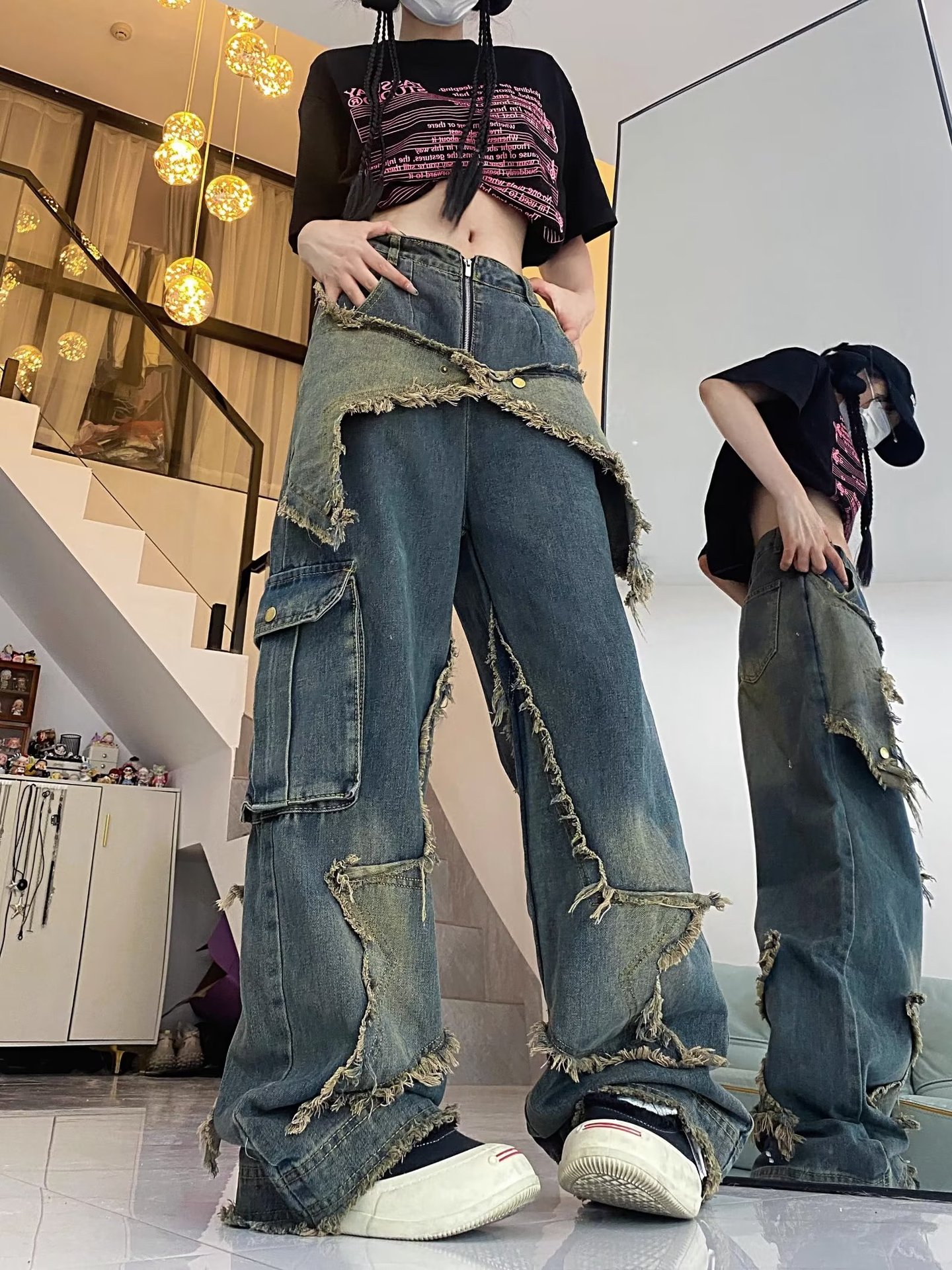American retro distressed star frayed jeans girl vibe high street loose hip hop straight drop-down long pants