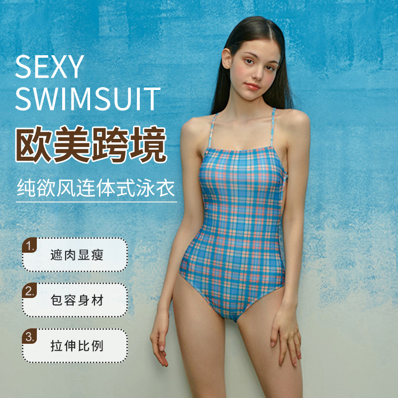 New Sexual Beautiful Back Belly Covering Slim-fit Lace-up Slim-fit Personality Plaid Slim-fit Vacation Swimsuit