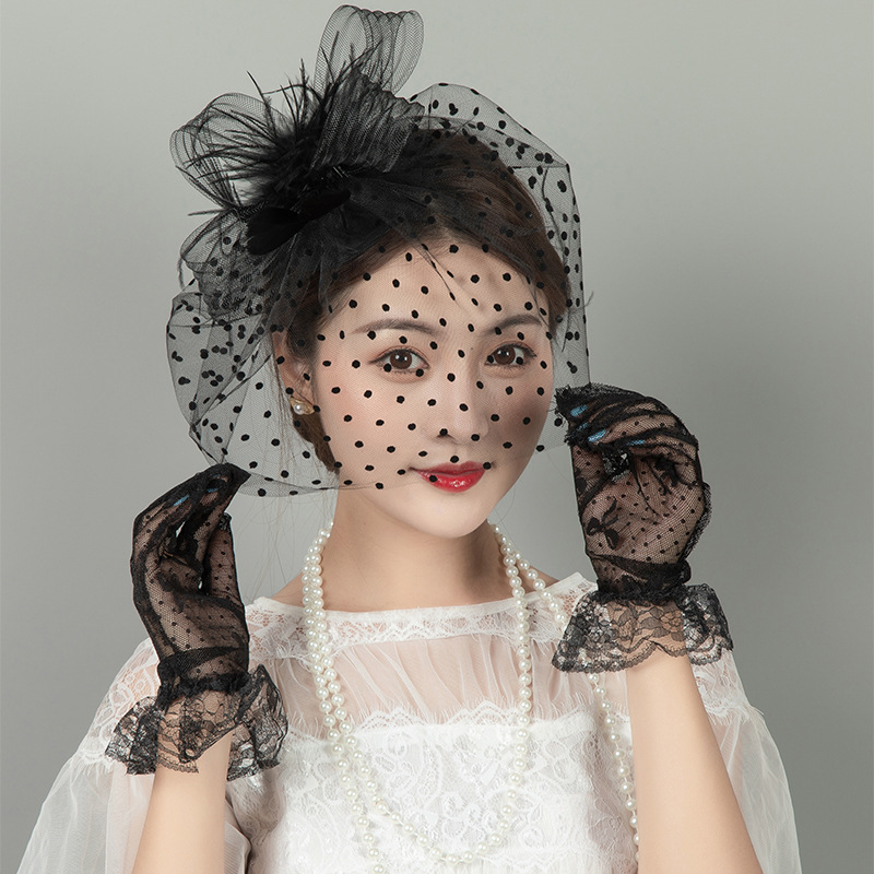 Picture of Retro dance party cheongsam dress accessories mesh hat gloves suit european and american socialite feather face covering hair accessories suit