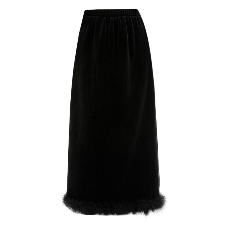 Velvet Fur Skirt for Women 2023 Autumn and Winter Slit Hip-Covering Long Skirt One-Step Skirt