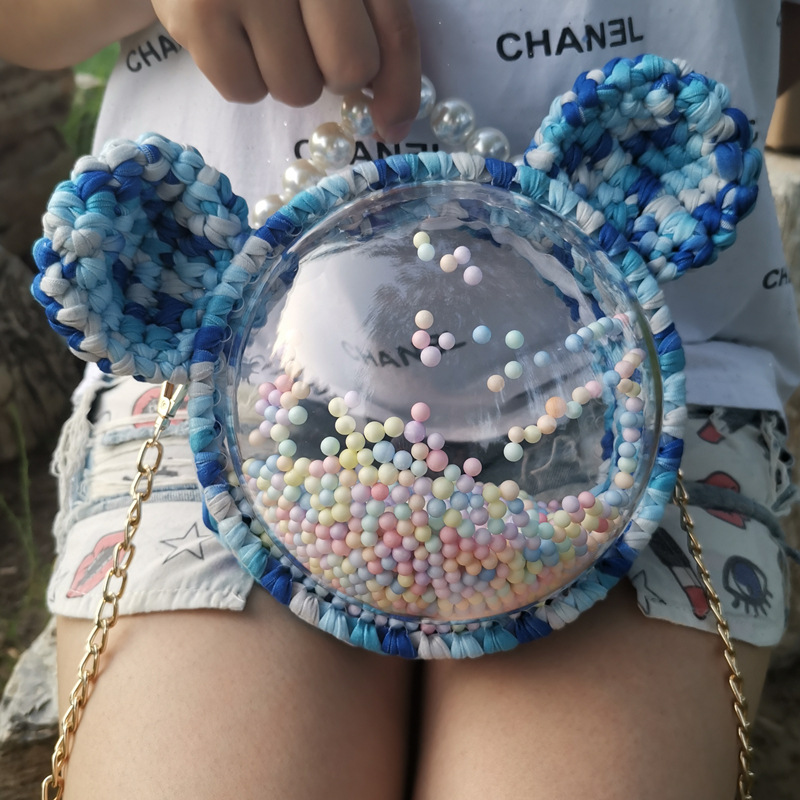 Picture of Handmade woven cloth line bear Mickey bag material bag transparent hemisphere acrylic Pearl handbag satchel