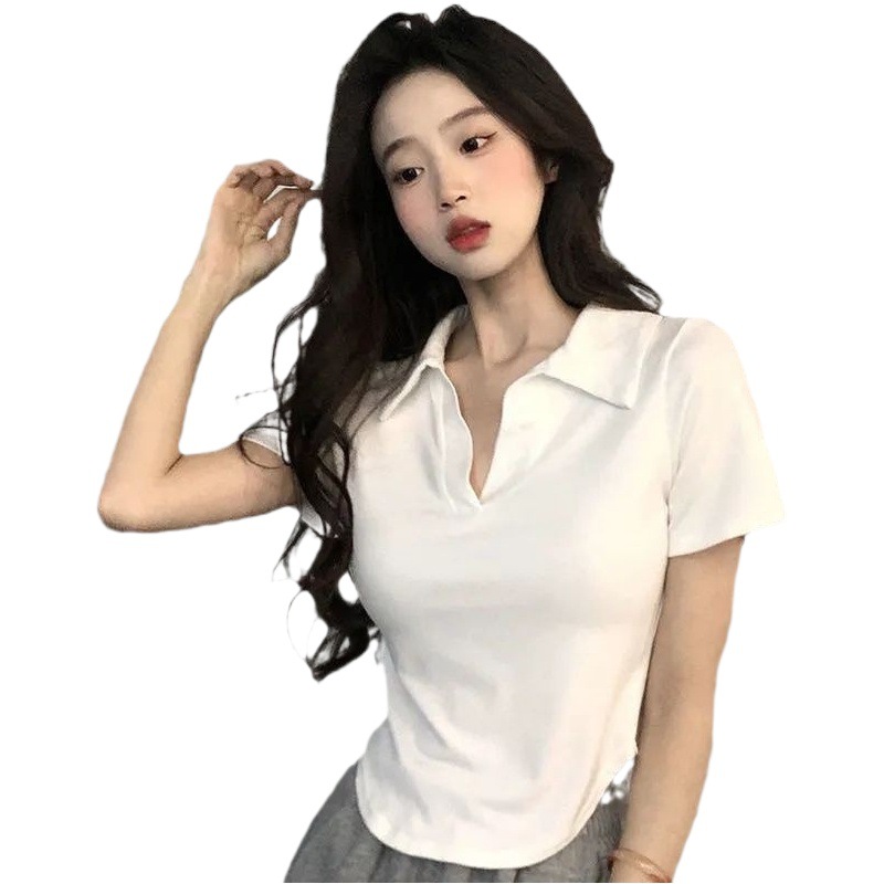 Spice Girls Short-sleeved T-shirt Women's Ins Trendy Summer 2024 New Short Top Sweet Spicy Milk Solid Color Polo Shirt