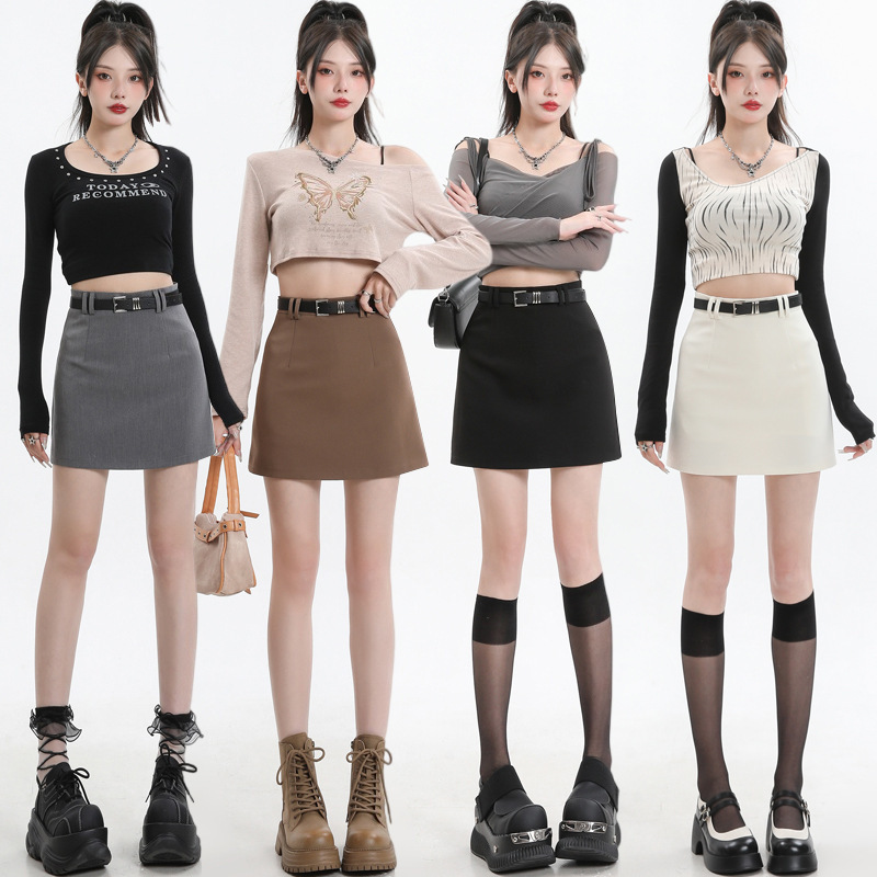 Grey Suit Skirt Women's Spring and Summer 2024 New High Waist Slimming A- line Hip Anti-slip Skirt