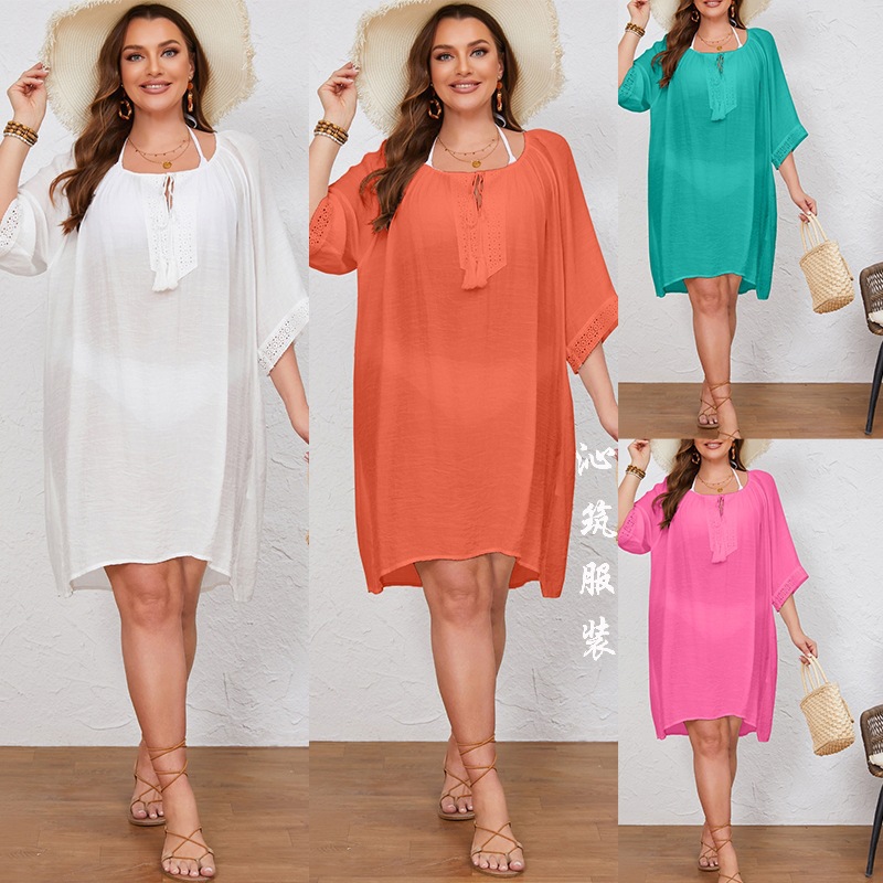 Cross-border European and American New plus size Lace Hollow Dress Blouse White A- line Skirt V-neck Loose plus size dress