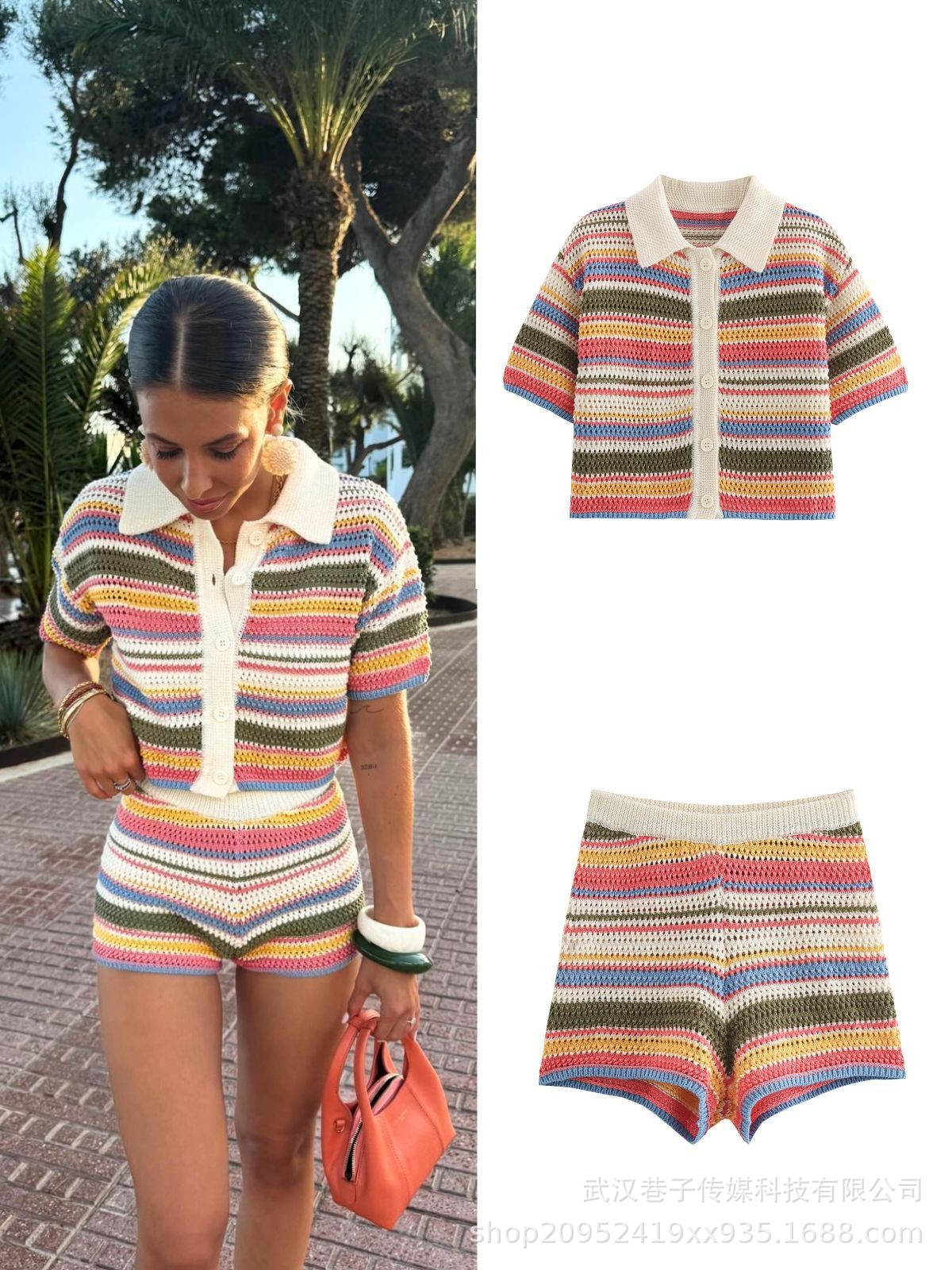 AliExpress wholesale spring new striped crocheted polo shirt collar short sleeve top casual shorts suit women