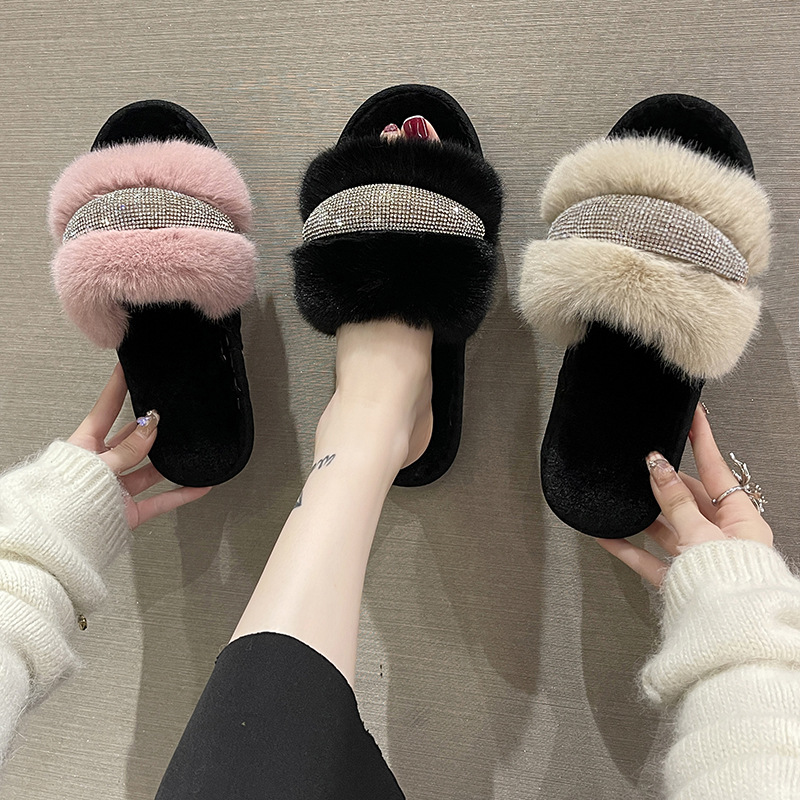 Foreign trade new Mao Mao Crystal Diamond flat bottom slippers women's fashion high and low Mao one word open cotton slippers cross-border