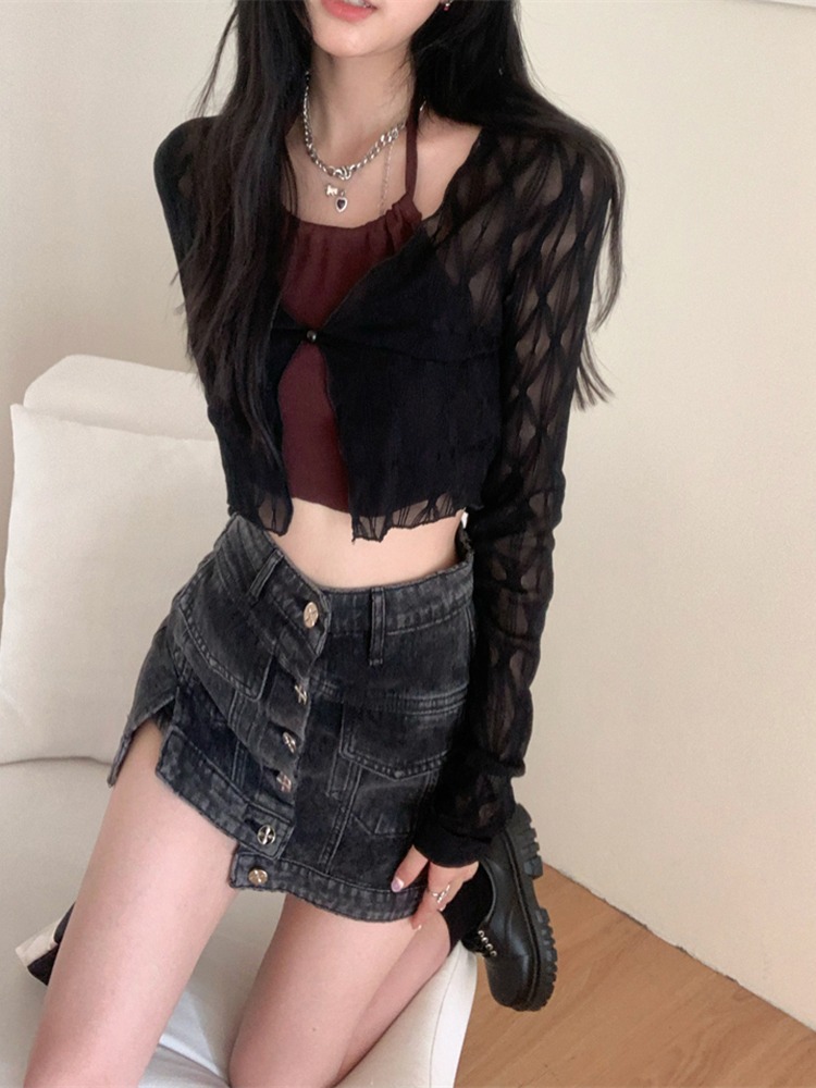 Picture of American-style sweet and spicy mesh shirt women's summer new outer cardigan thin pure style slim-fit short long-sleeved top