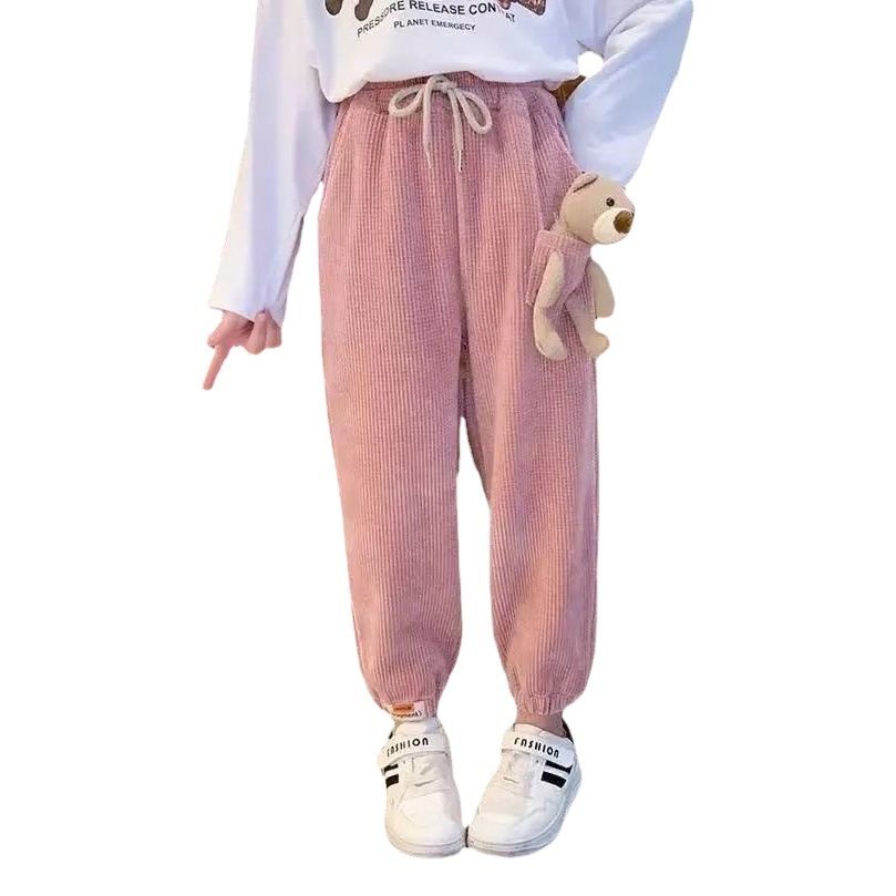 Winter girls' pants fleece-lined thickened 2023 new Korean style children's one-piece velvet warm pants fashion sports pants