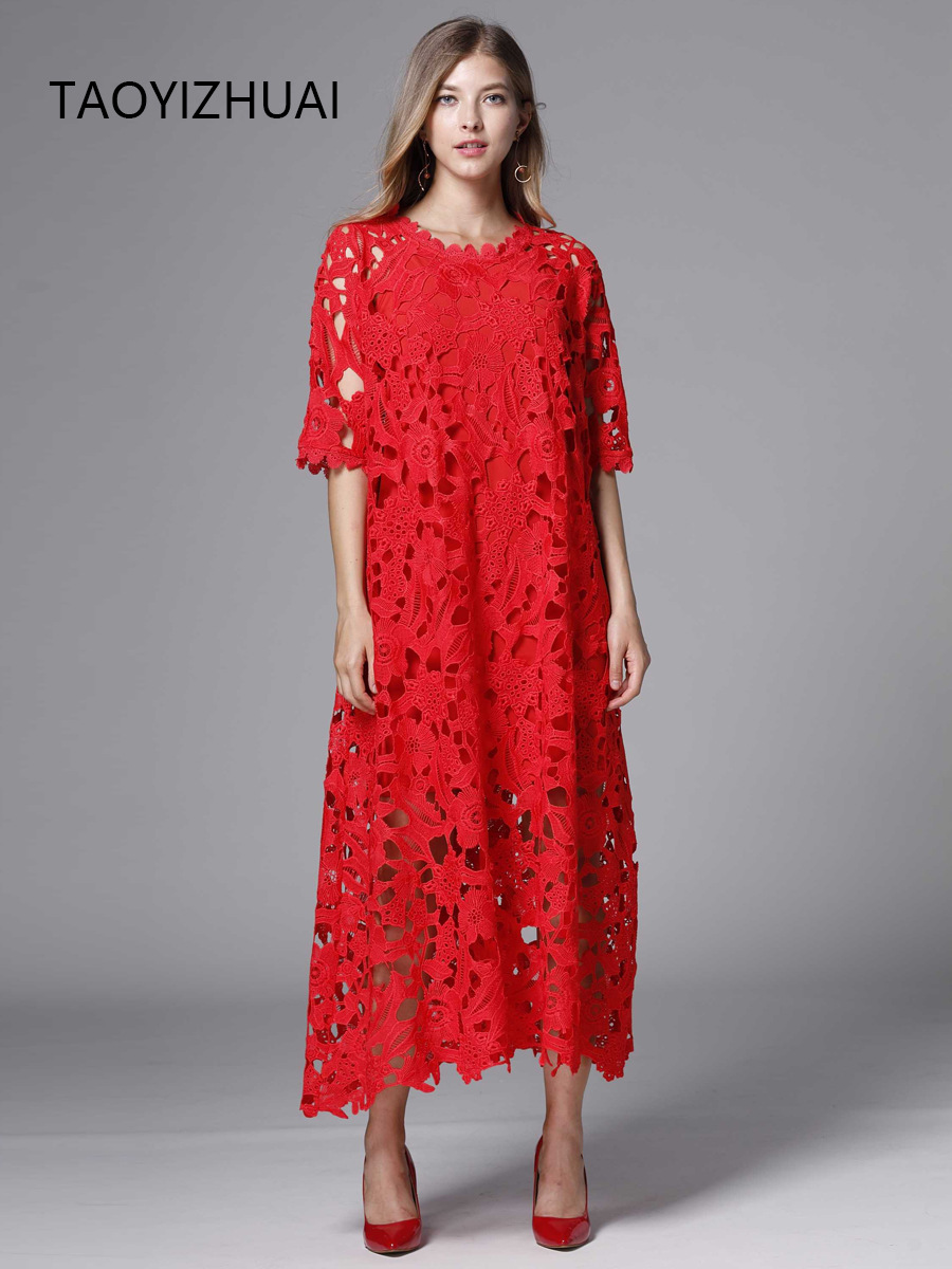 Loose Cut Out Lace Dress, Spring & Fall Style, Simple and Versatile Plus Fat Plus Size Red Casual Long Skirt