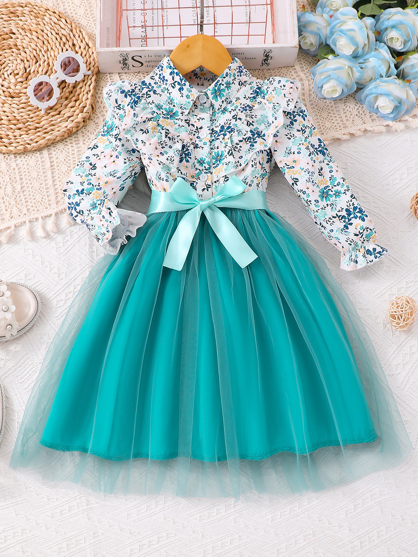 Picture of New Style Long-Sleeved Lapel Floral Print Mesh Dress for Girls and Older Children with Woven Belt