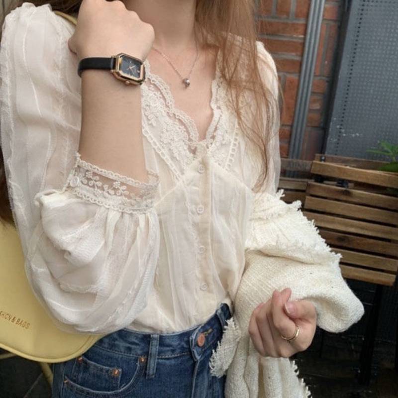 Picture of Elegant V-neck lace shirt for women 2022 Spring New Gentle all-match chiffon sweet chic small shirt