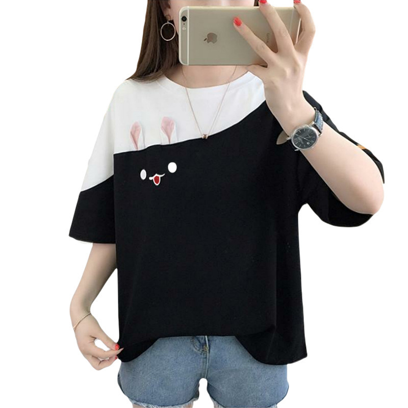 Picture of 2025 New Summer Embroidered Rabbit Korean Style Color Block T-Shirt Student Top Loose Short-Sleeved Women's Clothing One Piece Store