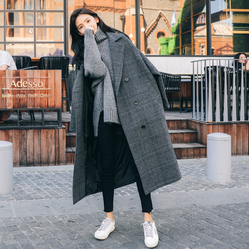 Hepburn Plaid Woolen Outwear for Women Autumn and Winter New Style 2025 Elegant Woolen Outwear Thickeneded Mid-Length Loose over the Knee