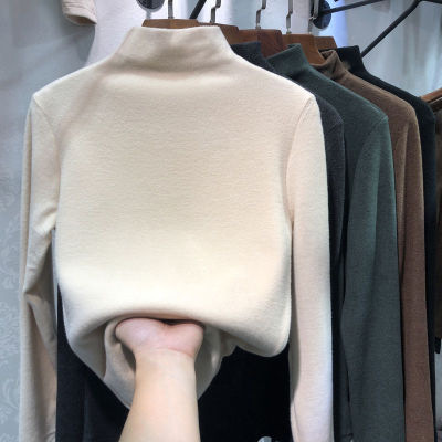 Picture of Derong Warm Bottoming Shirt Solid Color Women's Autumn and Winter Korean Style Plus Velvet Slim Long Sleeve T-Shirt Women's Tops Women's Wholesale