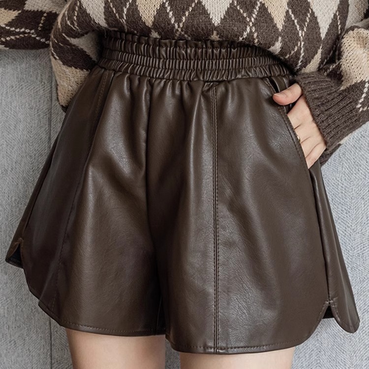 Casual Shorts Women's Autumn and Winter Outer Wear Loose Waist High Waist Slimming A- Shaped Wide Leg PU Leather Pants Small Base Boots Pants