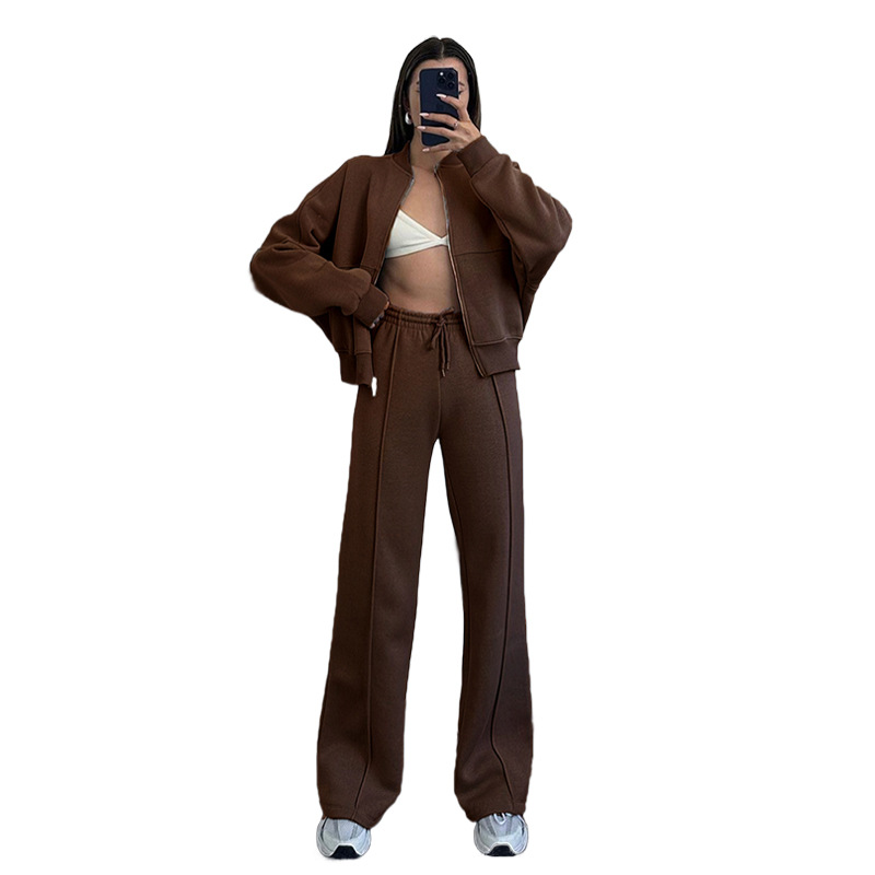 Picture of 211348 autumn and winter new cross-border European and American solid color zipper cardigan sweater women's fashion casual straight pants suit