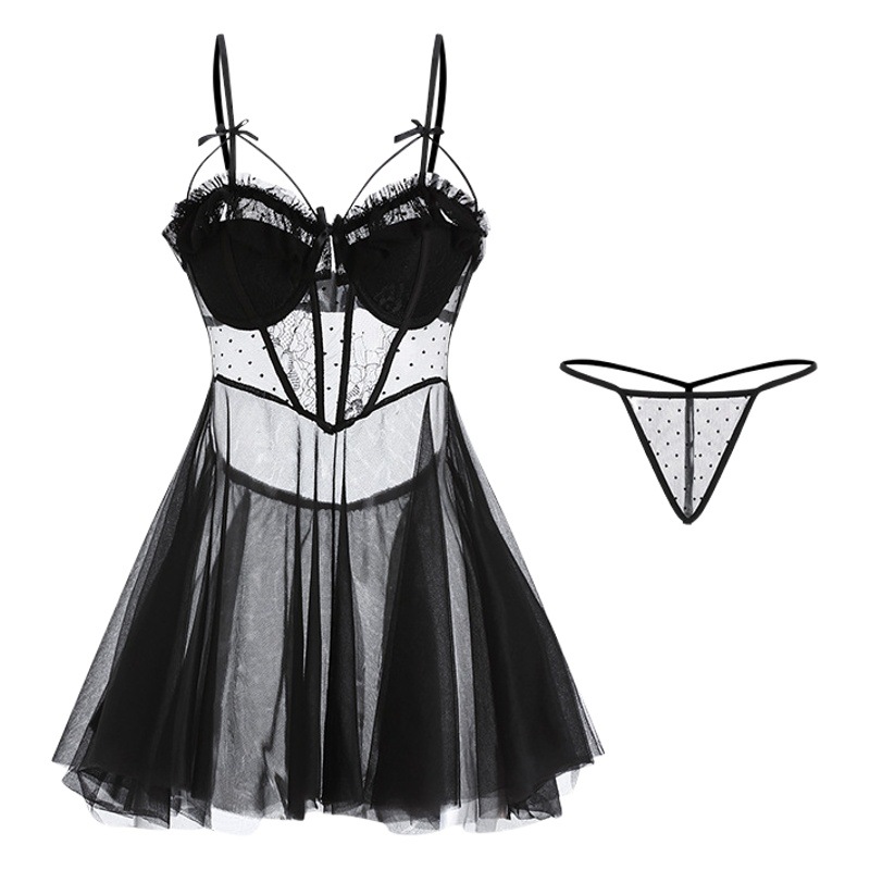 Guiruo Brand Sexy Lingerie Sexy Breast Pad Pajamas Mesh See-Through Steel Ring Suspender Skirt Home Wear Set 1708