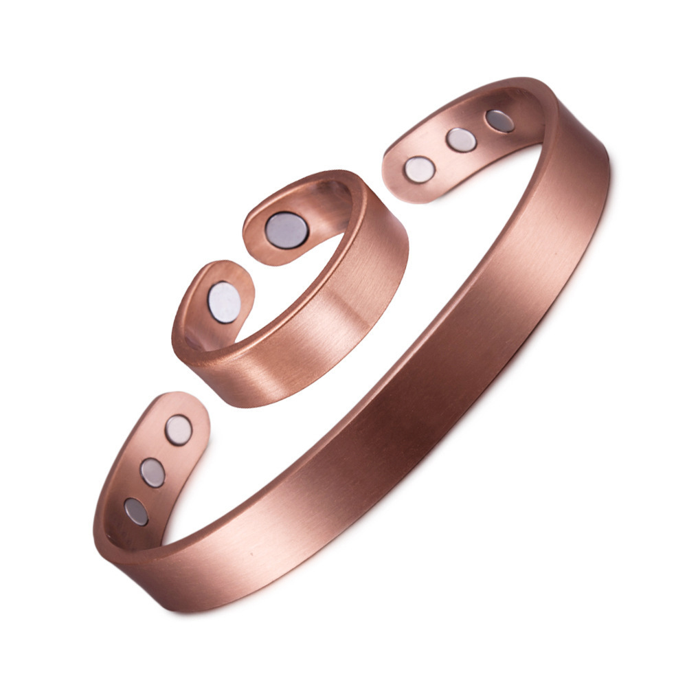 Jiarui Aliexpress Amazon Magnetic Antique Red Copper Brushed Open Adjustable Bracelet Ring Bracelet Set