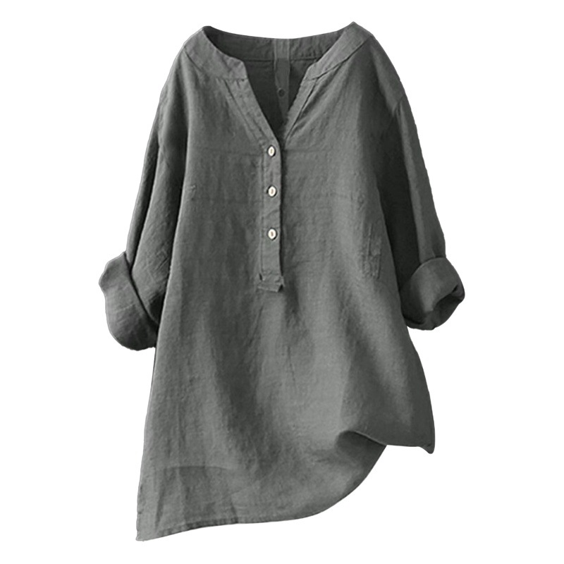 2023 Spot Ebay Amazon Aliexpress European and American New Loose Pure Color Stand Collar Button Long-Sleeved Cotton and Linen Top