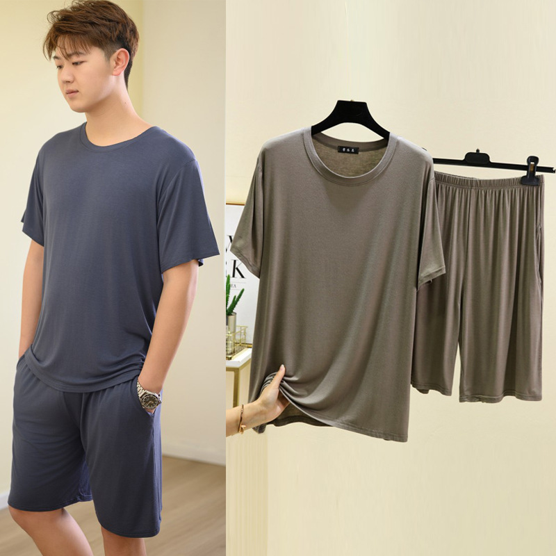 Modal Pajamas Men's Summer Thin Short-sleeved Shorts Home Clothes suit Solid Color Loose plus size Casual Outwear