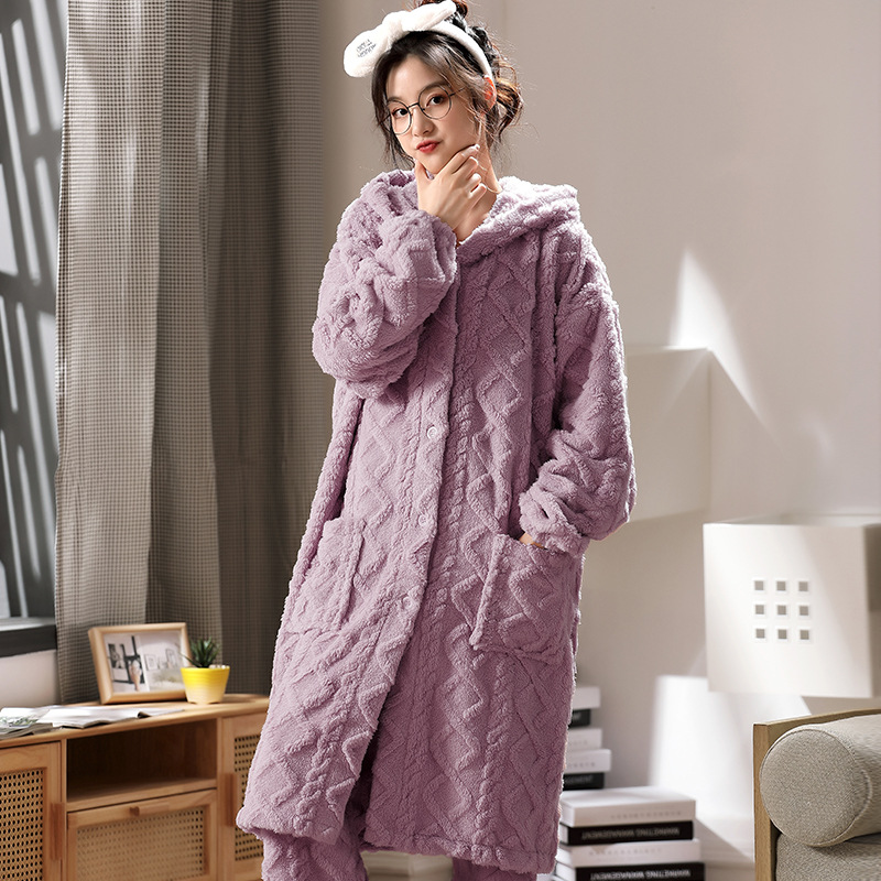 Women's Outdoor pajamas New flannel thickened long jacquard coral fleece hooded long suit manufacturer