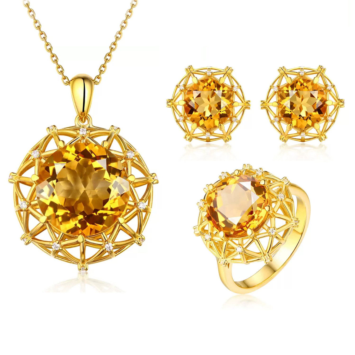 10 karat Super Large Imitation Natural Citrine Ring Bird's Nest Design Yellow Diamond Pendant Color Treasure Earrings Color Diamond suit