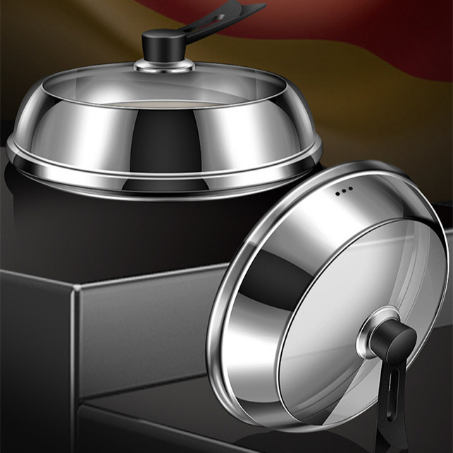 Picture of Cross-Border Stainless Steel Elevated Pot Lid Can Stand Insulated Electric Wooden Handle Visual Explosion-Proof Cracked Glass Kitchen Cooking Lid