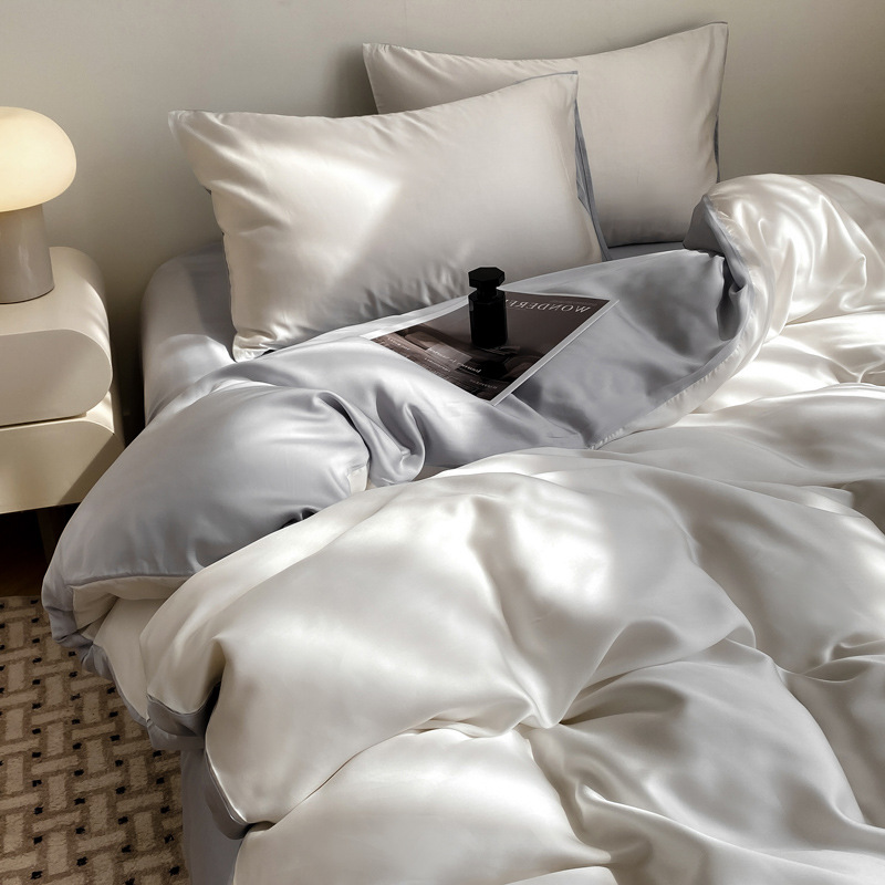 Picture of Summer Light Luxury Solid Color Ice Silk Four-piece Set Class A Cool Bed Sheet Quilt Cover Dormitory Three-piece Set Bed Cover Gift for Hair 4