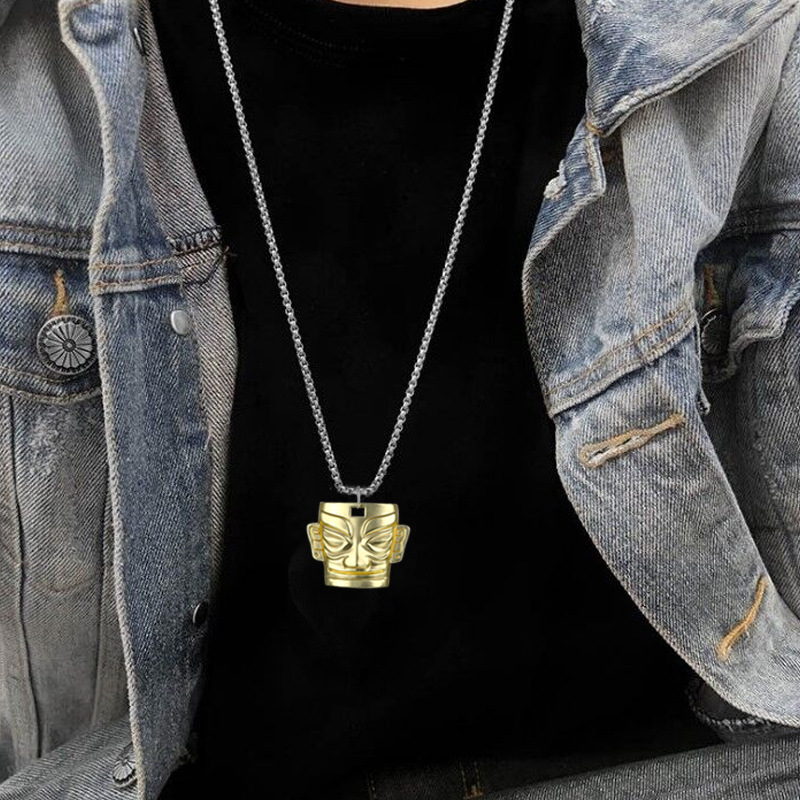 Picture of Ins National Trend Retro Sanxingdui Mask Gold Pendant Necklace for Men and Women Hip-Hop Cool Trendy Fashion Sweater Chain