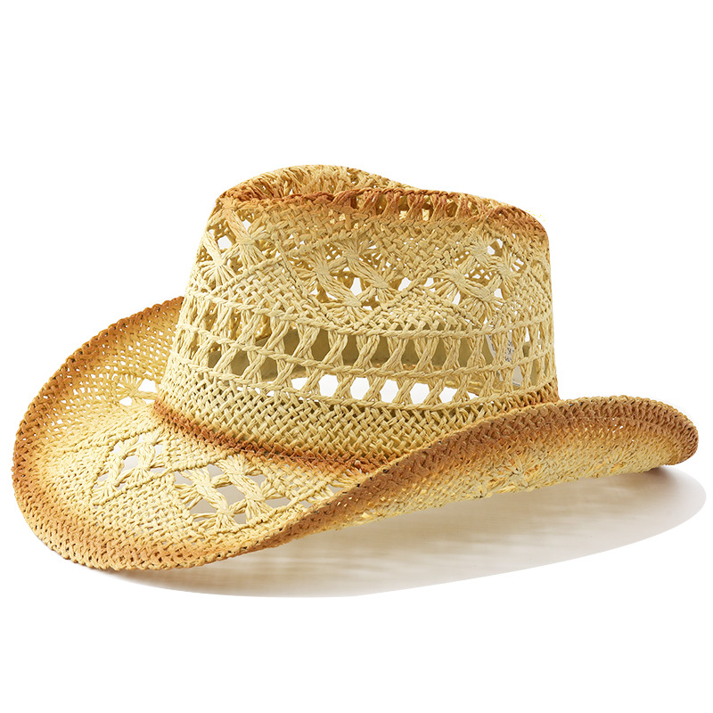 Picture of European and American Retro Western Cowboy Hat Sunscreen Hollow-out Jazz Hat Cross-border Malan Flower Windproof Rope Denim Straw Hat