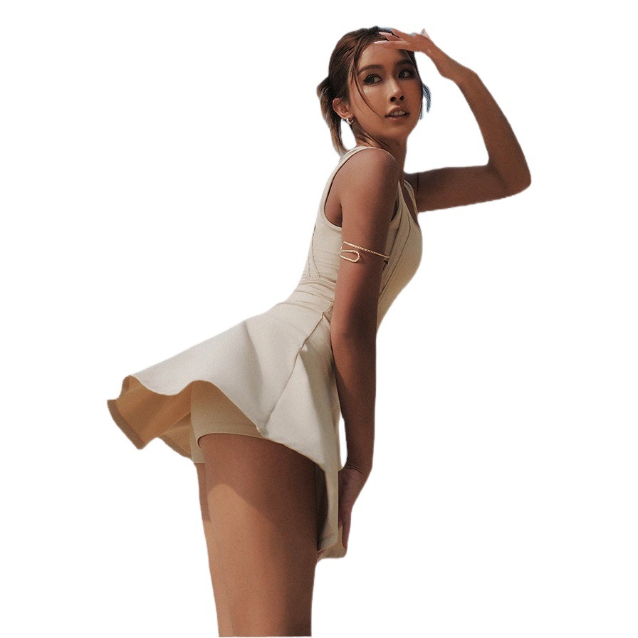 Sleeveless Short Running Tennis Dress Yoga Outfit Sports Fitness Set for Women, Summer 2024, Elastic Slim Fit