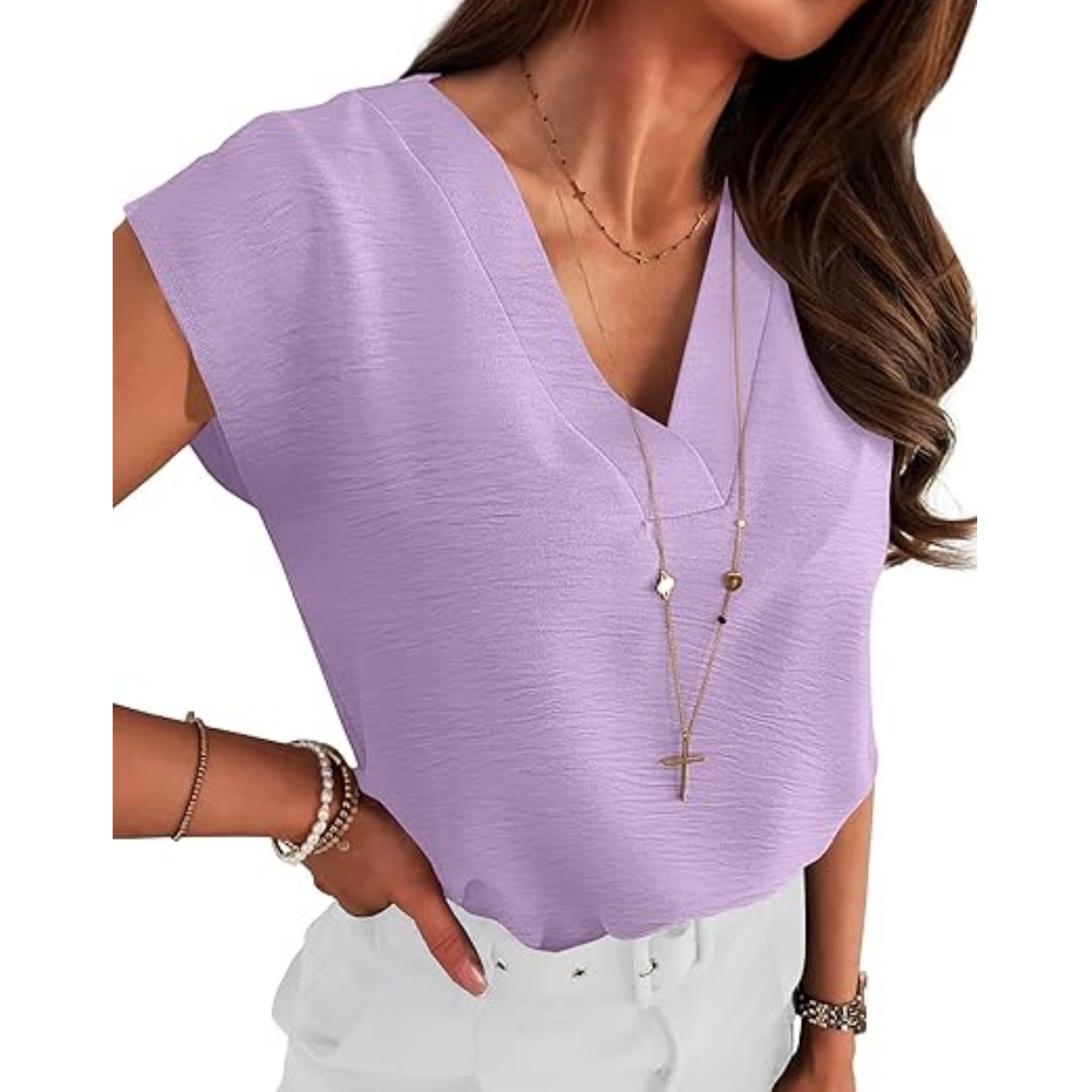 Picture of Cross-Border Export Amazon Independent Station 2025 Women's European and American Elegant Shirt V Neck Short-Sleeved Pullover Sleeveless Shirt