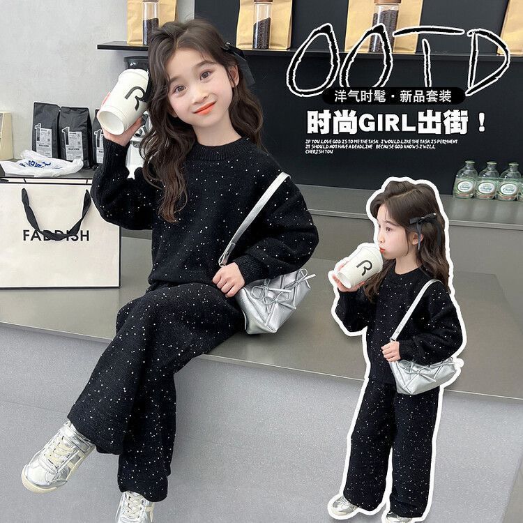 Picture of Girls' Sweatshirt Set Spring and Autumn Korean Style Trendy Big Girl Fashionable Street Sequin Wide-Leg Pants Two-Piece Set