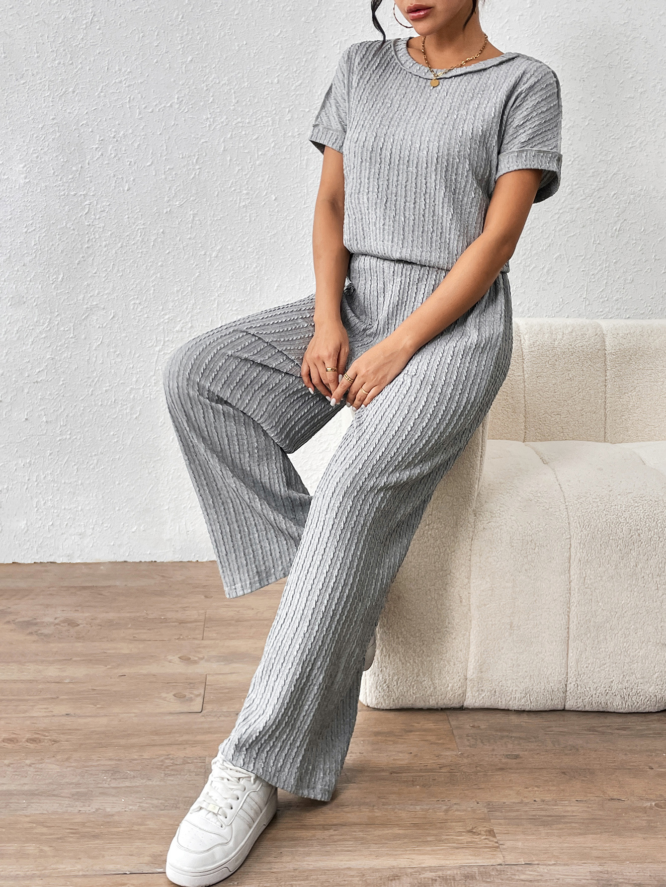 Picture of Spring and Summer Cross-Border European and American Jacquard Twisted Striped Top Wide-Leg Trousers Suit Fashionable Casual Simple Two-Piece Set