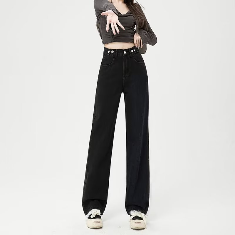 Picture of Black small wide-leg jeans women's straight loose autumn and winter 2023 new high waist drape slimming mop pants