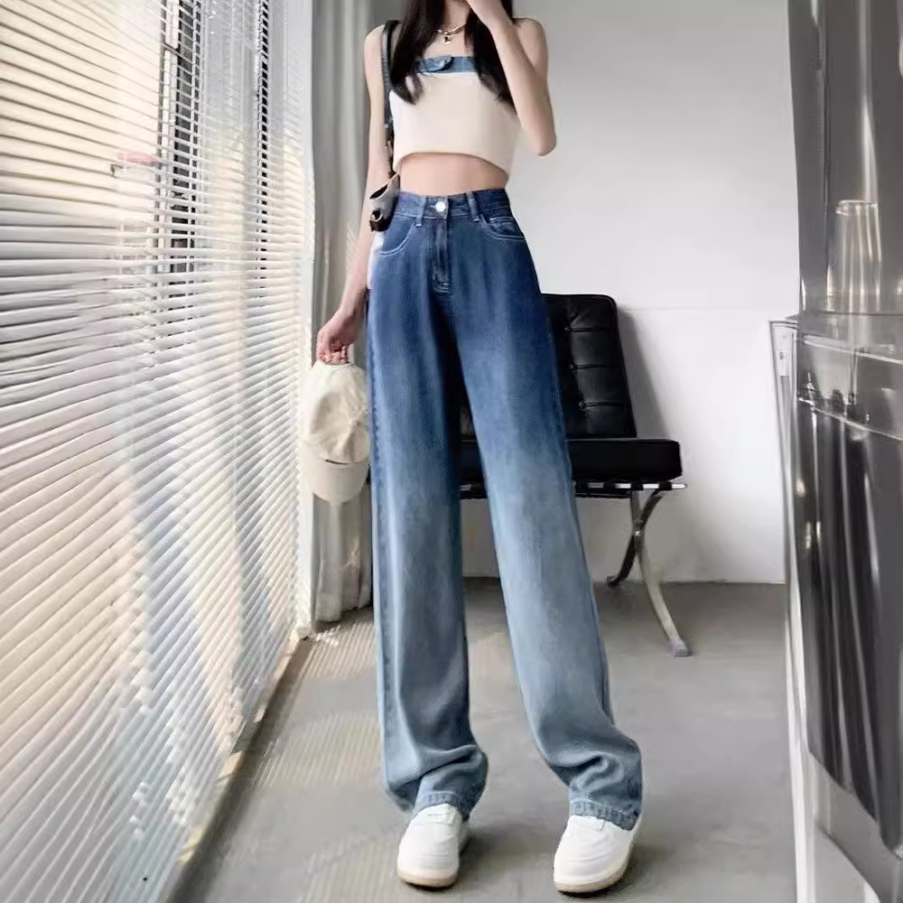 Tencel Gradient Wide Leg Jeans Women's Summer Fashion 2024 New High Waist Straight Loose Dopping Pants