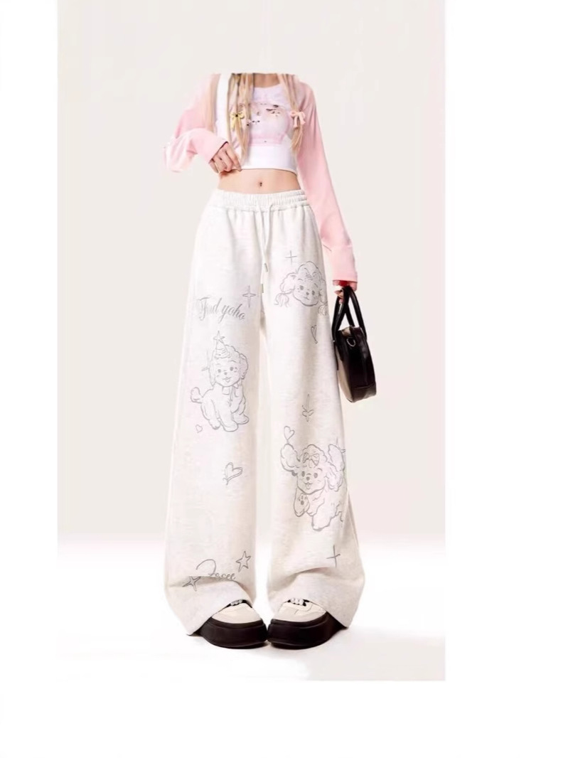 Amazon Cross-border Special Printed Wide Leg Pants Women's Spring and Autumn New Straight Loose Casual Sports Grey Pants
