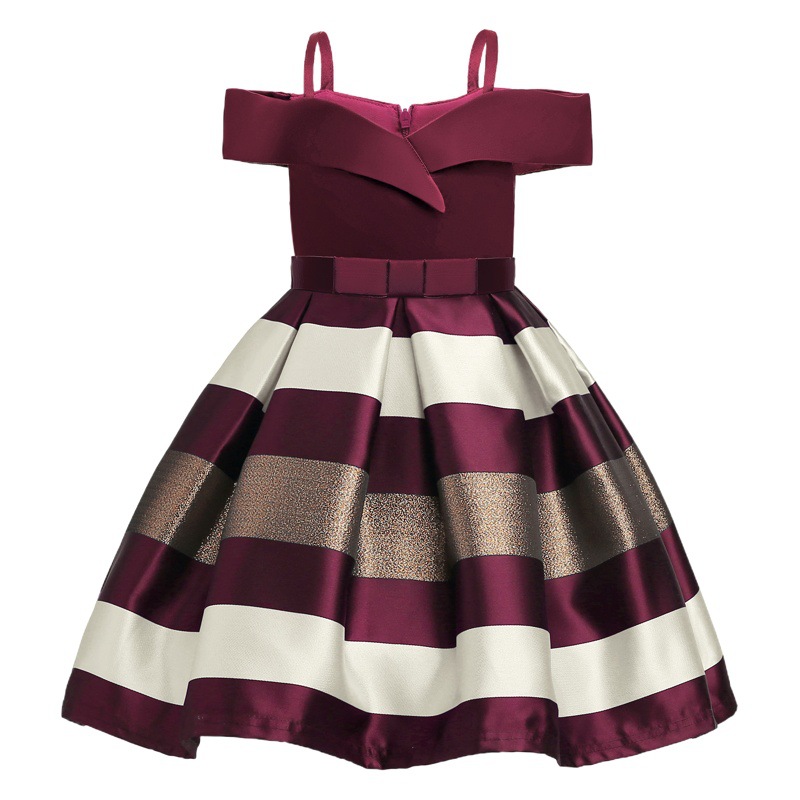 Girls Dress Export New Kidsren's Clothing Christmas Red Skirt Pleated Princess Skirt Kidsren's Off-Shoulder Stripesd Dress Skirt