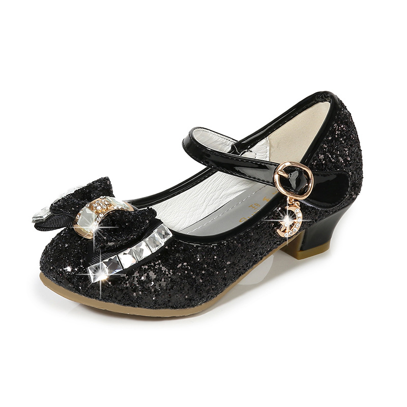 Picture of 2025 Autumn New Girls' Small High Heel Leather Shoes Sequin Upper Bow Decoration Children's Dance Shoes