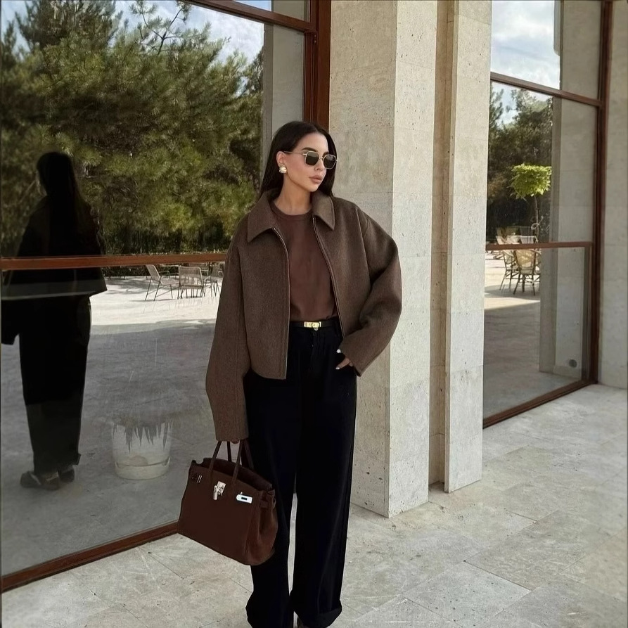 Cross-border European and American Women's AliExpress Explosions Casual Zipper Woolen Jacket