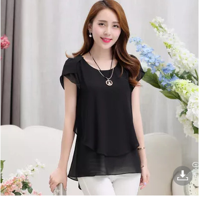 Picture of Foreign Trade Summer New Korean Style Slim-fit Mid-length Short-sleeved Chiffon Top Large Size Loose Base Shirt Women's Small Shirt
