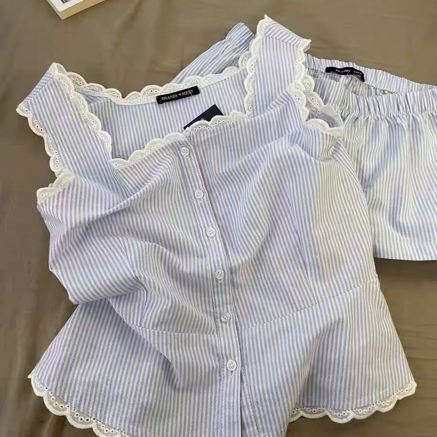 Yunduo Cotton Korean Style Stripesd Lace Collar Vest Pajamas Women's Summer 2025 New Shorts Home Wear Set