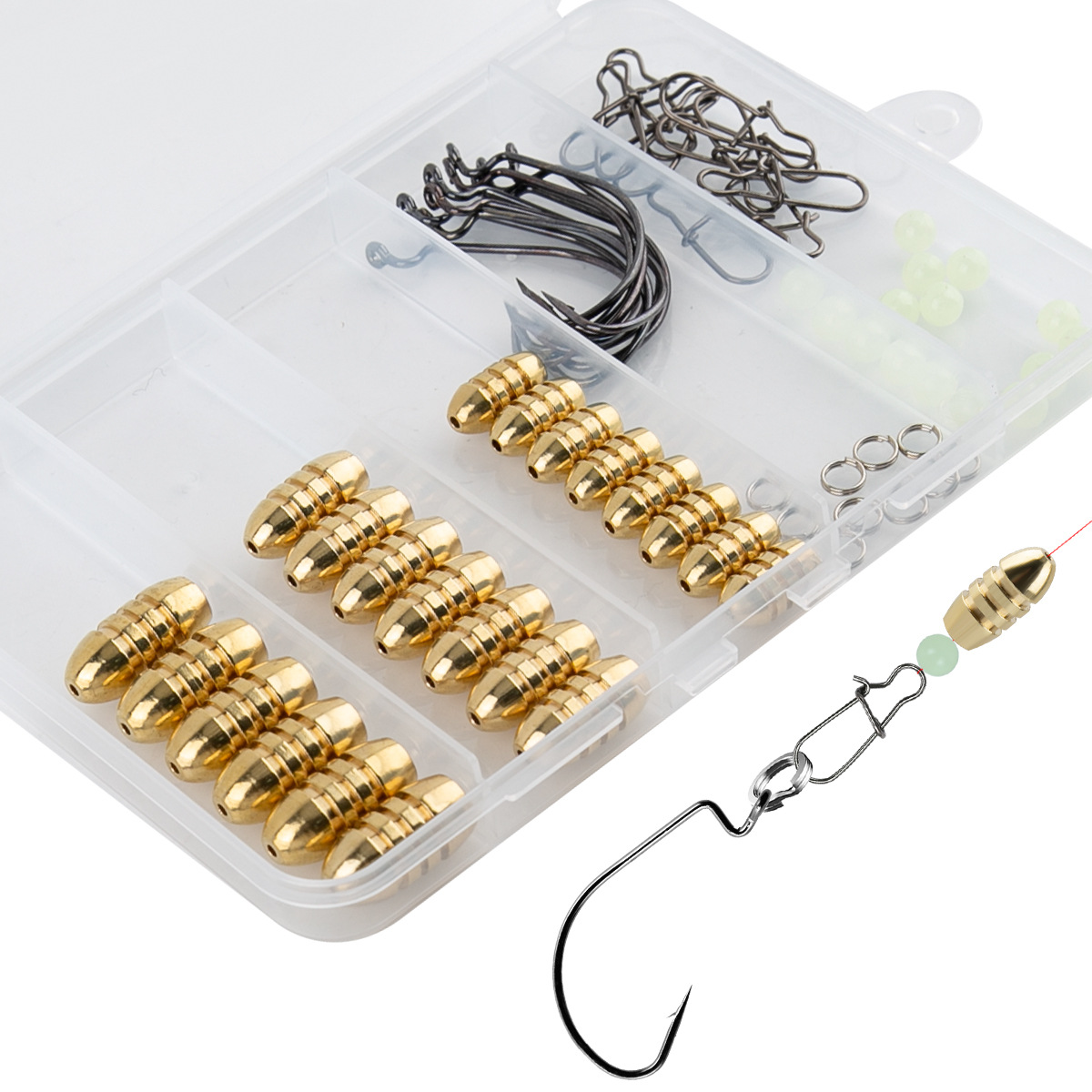 Boxed Bullet Copper Crank Hook Bead Set Texas Fishing Group Threaded Lead Drop Lure Accessories Wholesale Cross-Border
