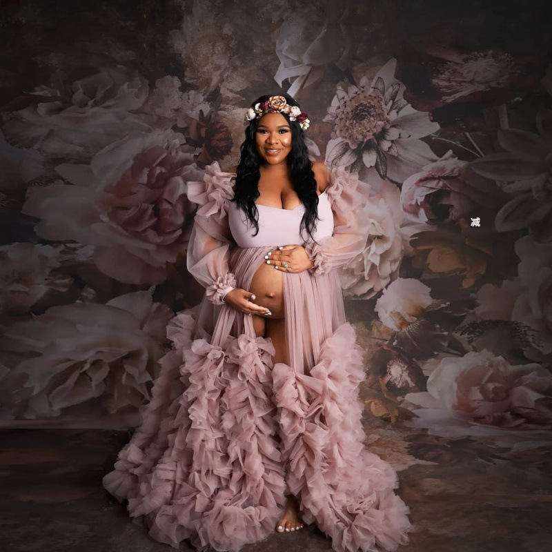Modern Fluffy Bridal Robe Tulle Sexy V-neck Long Sleeve Women's Long Kimono Bathrobe Dress Pregnant Women's Evening Ceremony