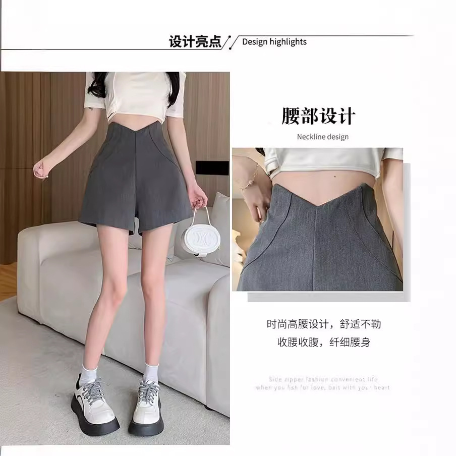 Design Sense Black Suit Shorts Women's Summer High Waist V-shaped Waist Slimming All-match A- shaped Wide-leg Casual Pants