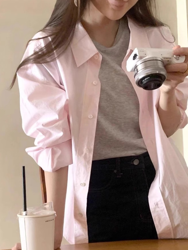 Korean Style Pink Long-sleeved Shirt Sunscreen Coat Women's Early Spring New Style Inner Loose Professional Shirt Top Cardigan