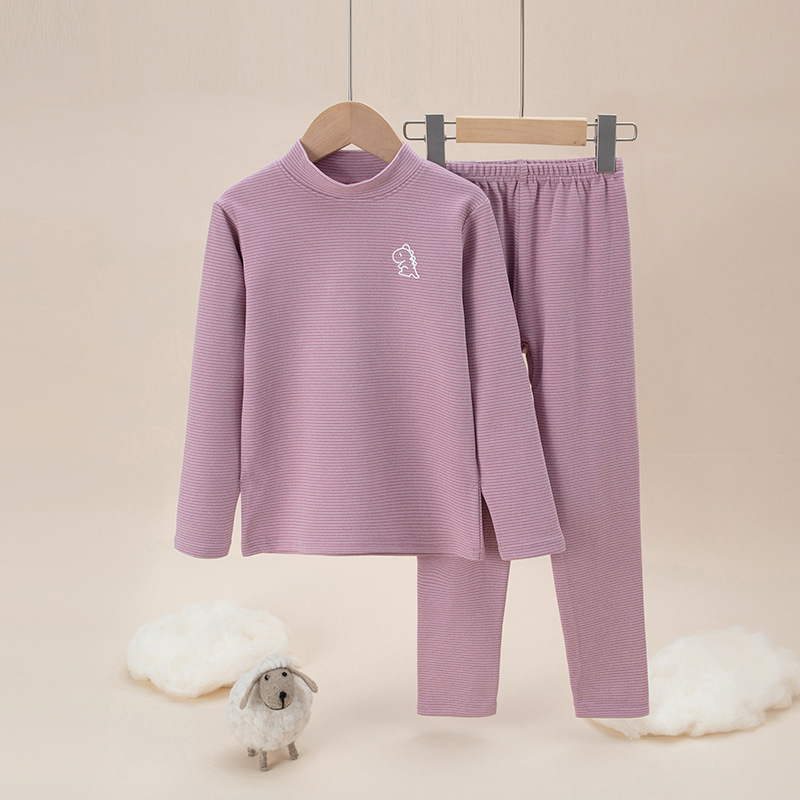 Picture of Children's double-sided brushed plush Long Johns boys and girls winter thermal underwear suit mid-collar bottoming striped pajamas