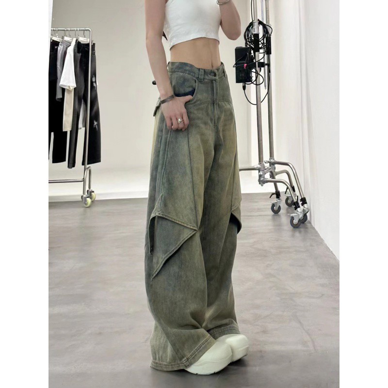 plus size Vintage Washed Variable Micro-flared Jeans Women's American-style High Waist Straight Loose Wide-leg Pants