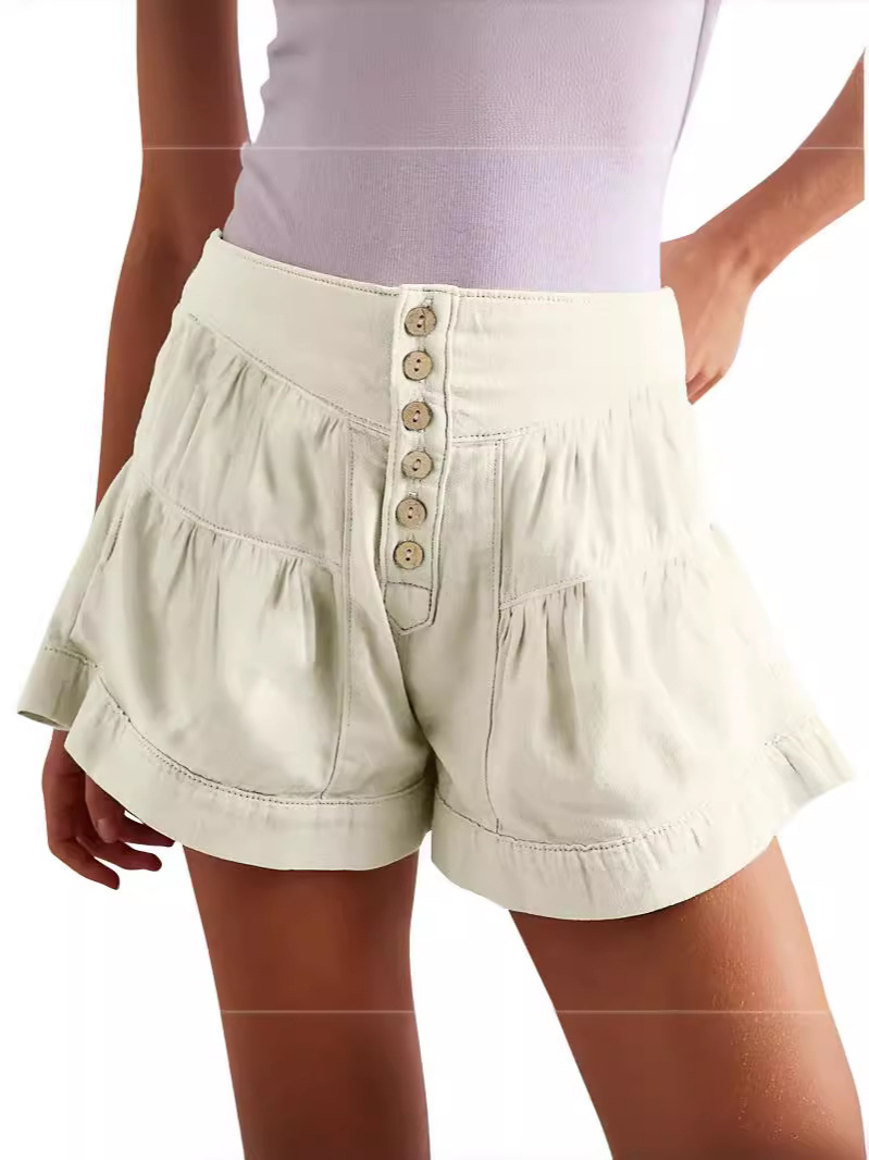 2024 Hot Summer New Amazon European and American Wish Solid Color Casual Shorts High Waist Button Loose Wide Leg Pants